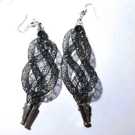 Celtic black dangle earring. Nylon mesh with silver thread