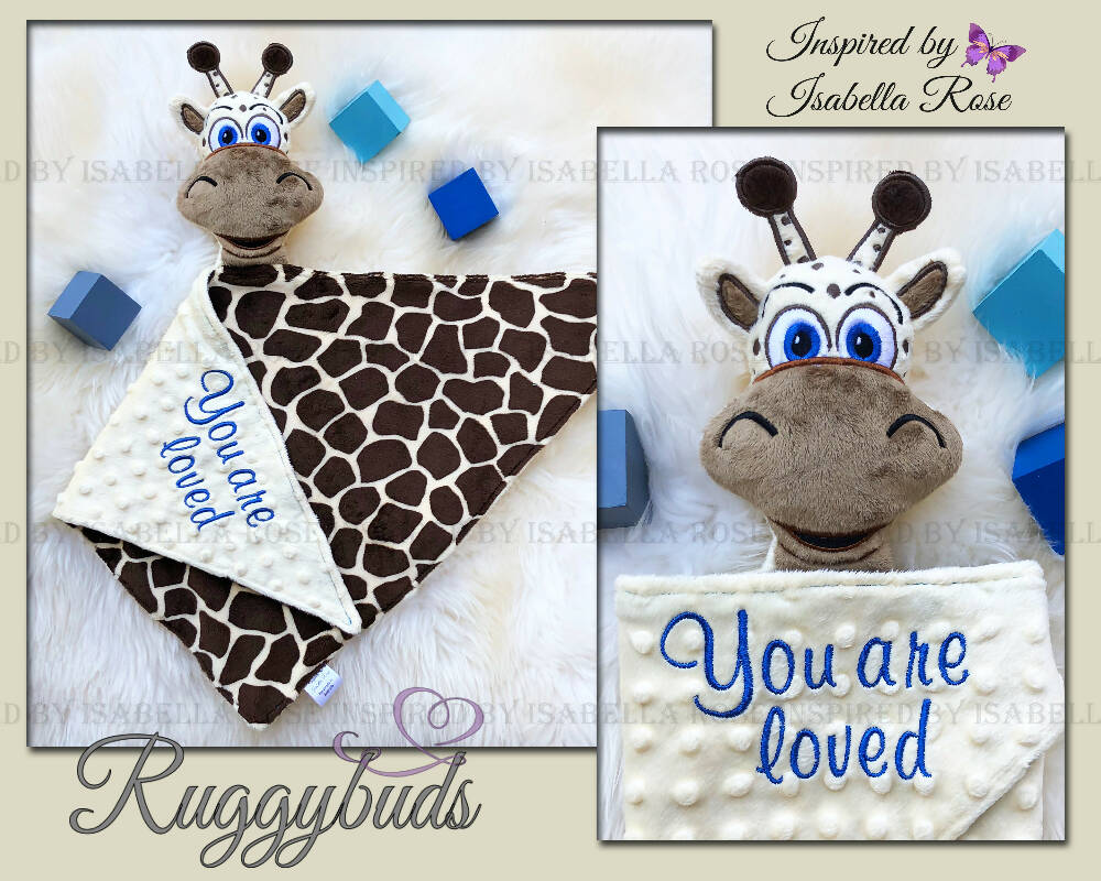 Baby comforter, Embroidered name, Giraffe themed Ruggybud, Made to order