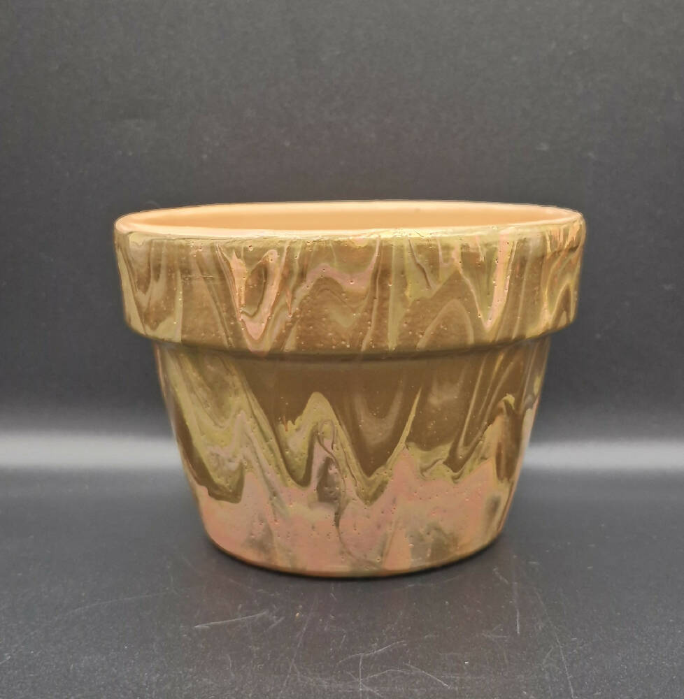 Hand Painted Terracotta Pot 11cm Peachy Golden Acrylic Pour