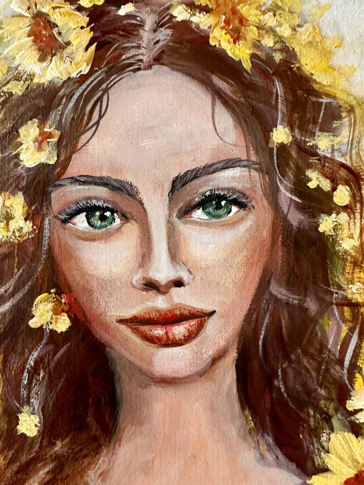 Girl with hazel eyes, acrylic on canvas paper, signed 30x42cm