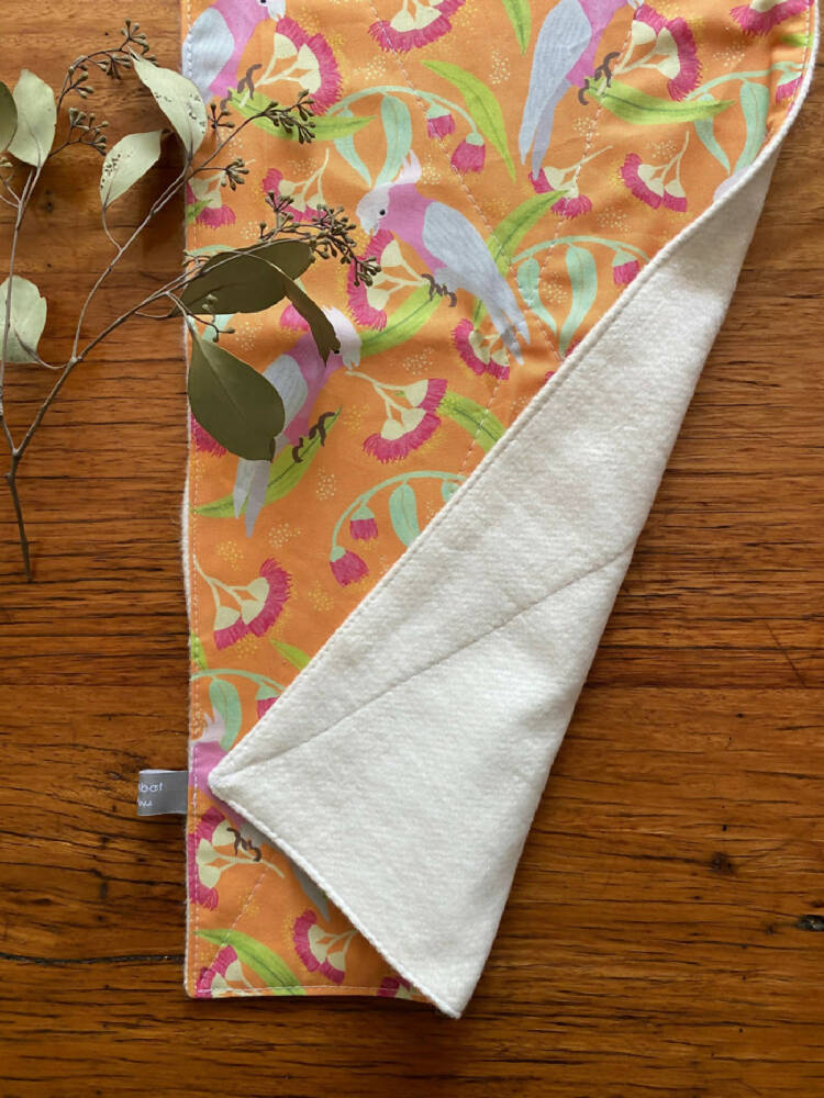 burp cloth - galahs orange / organic cotton hemp fleecy / baby toddler