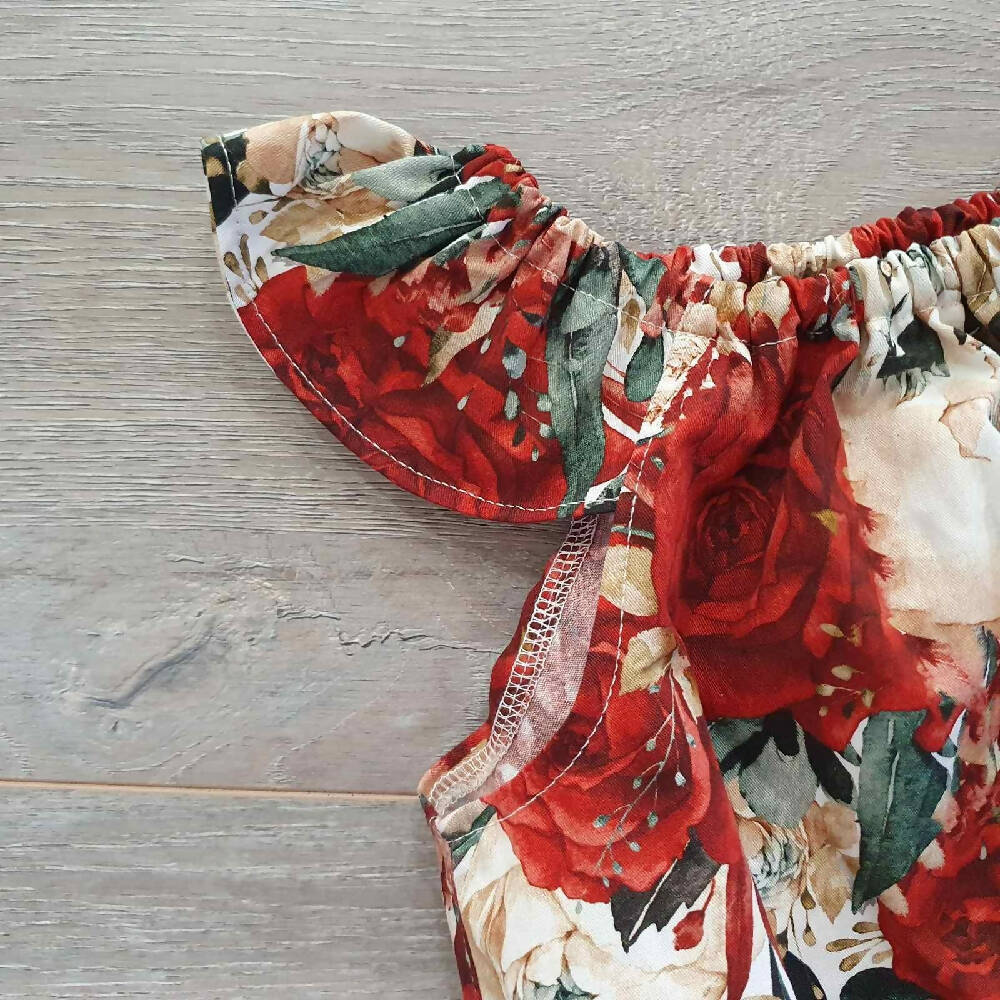 Christmas Floral Playsuit Flutter Green And Red Christmas Romper