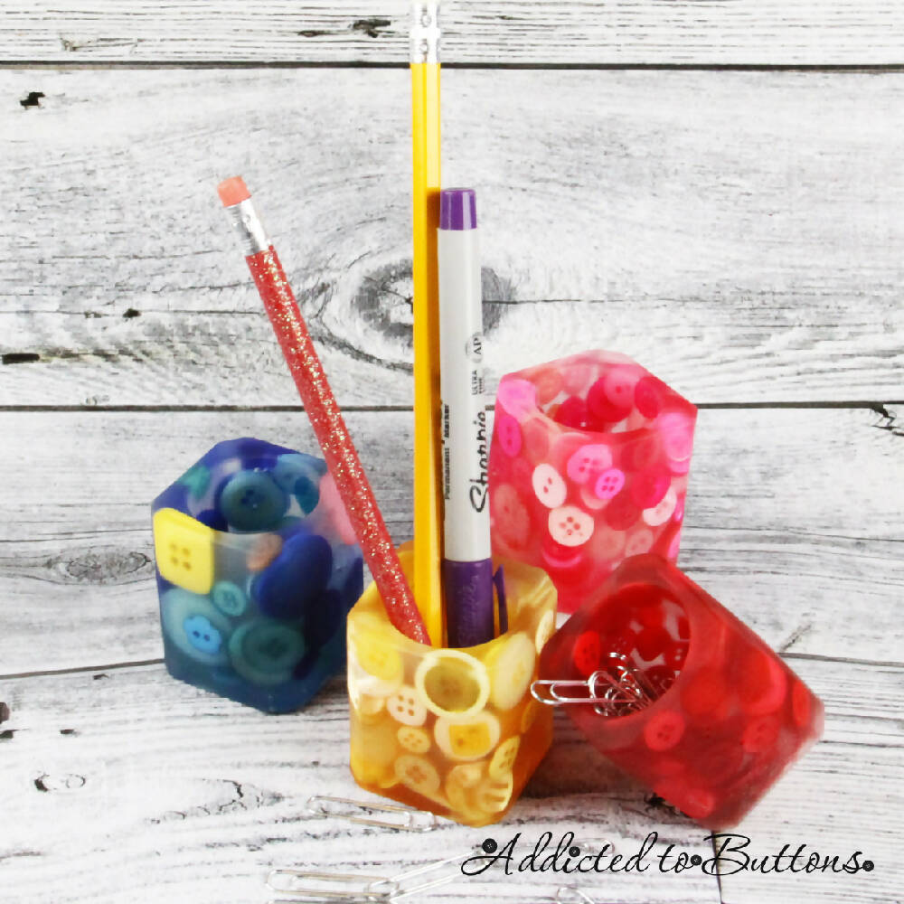 Pencil Pot - Buttons & Resin - GREEN - Toothpicks & Trinkets