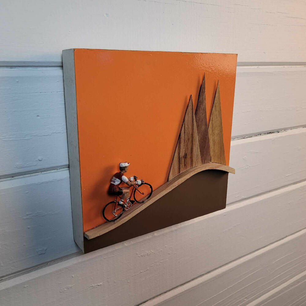 Frameless 3d composition of classic cyclist in mountains wall art