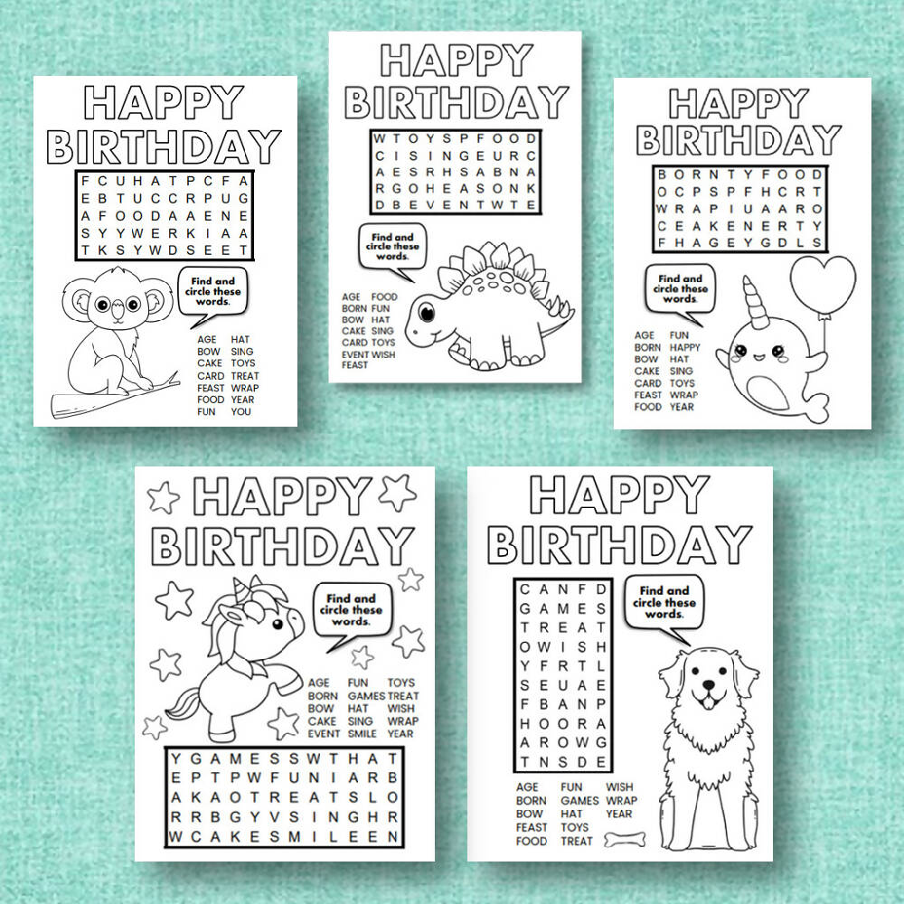 DIGITAL - Printable Birthday Card Set - WORD SEARCH Puzzle - PDF Download