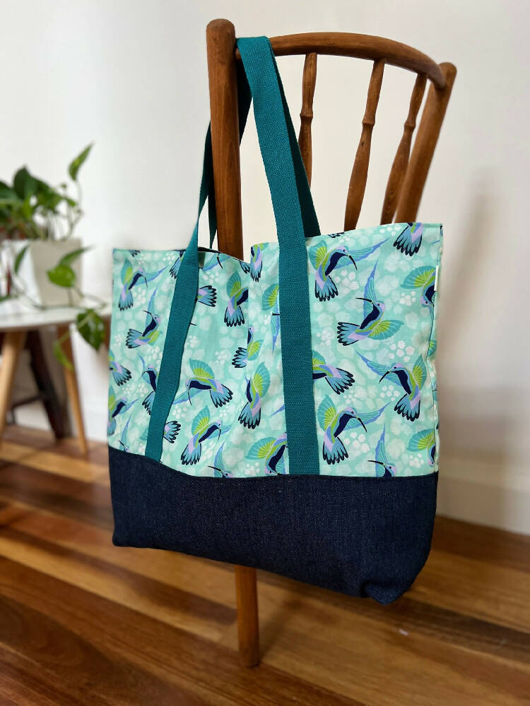 Tote Bag for Shopping/Market/Beach – Hummingbirds (Blue) + Denim