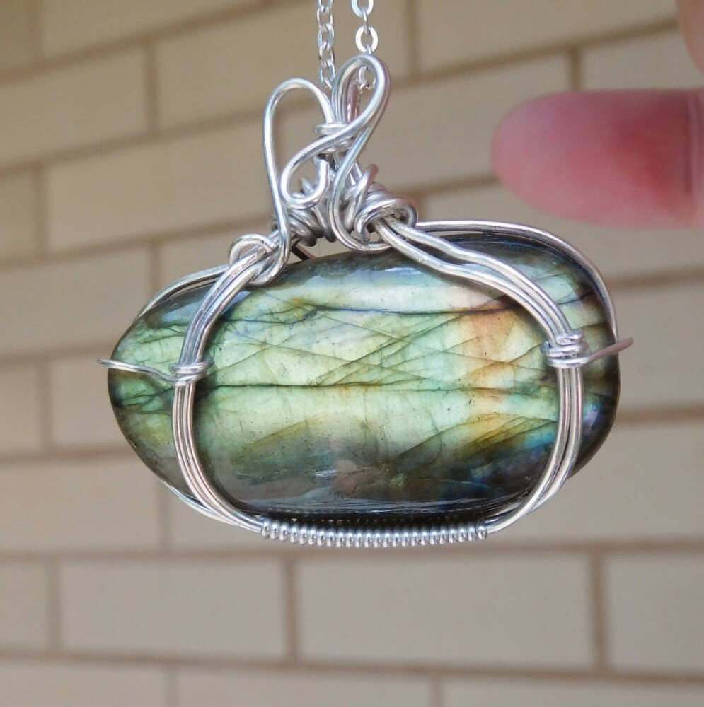 Large Labradorite pendant, Sterling silver wire wrapped