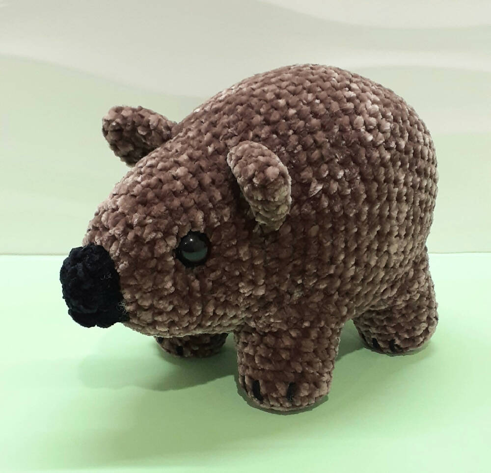 Hand made velvety soft, crocheted brown wombat