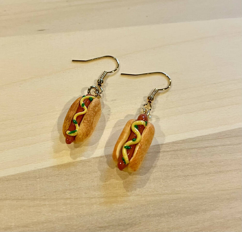 Hot dogs and brioche bun dangle earrings