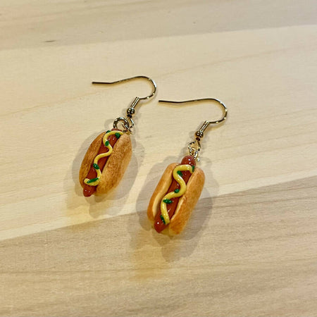 Hot dogs and brioche bun dangle earrings