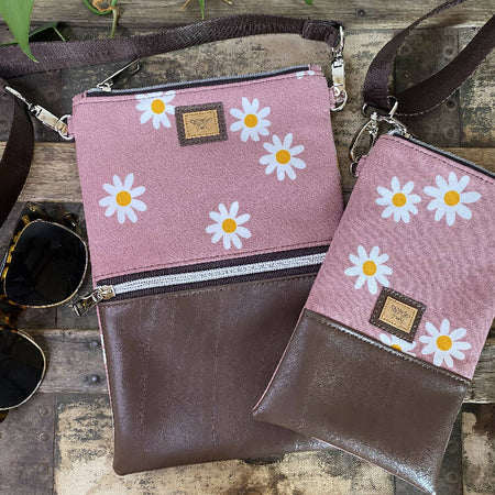 Mini Crossbody Bag - Daisies on Pink/ Dk Brown Faux Leather