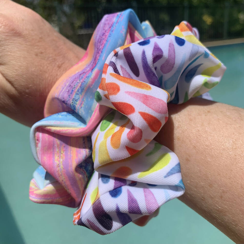 Swim Scrunchies Stripes and Droplets on arm view