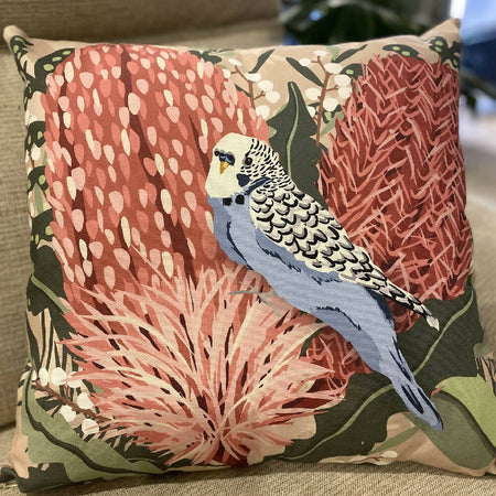 Cushion Cover - Australian Native Floral Banksias and Budgie
