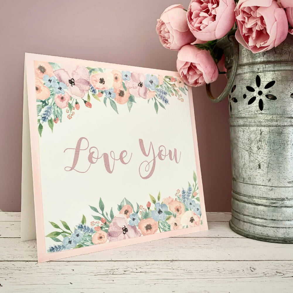 Greeting Card Pink & Blue Florals - LOVE YOU