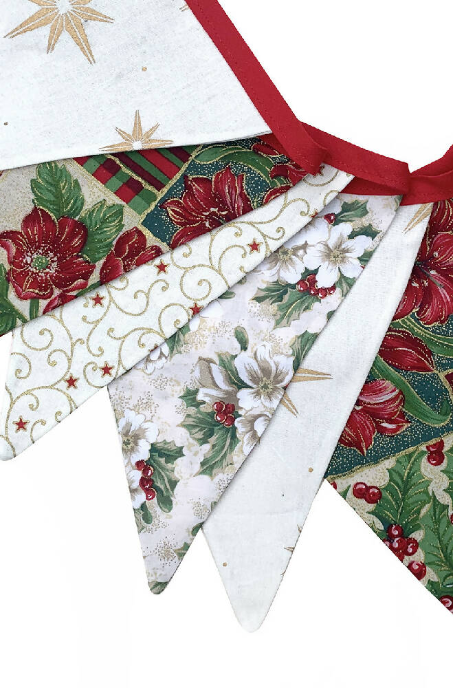 Christmas Bunting - Red Green Gold Traditional Style Flags - Holly & Stars Decoration