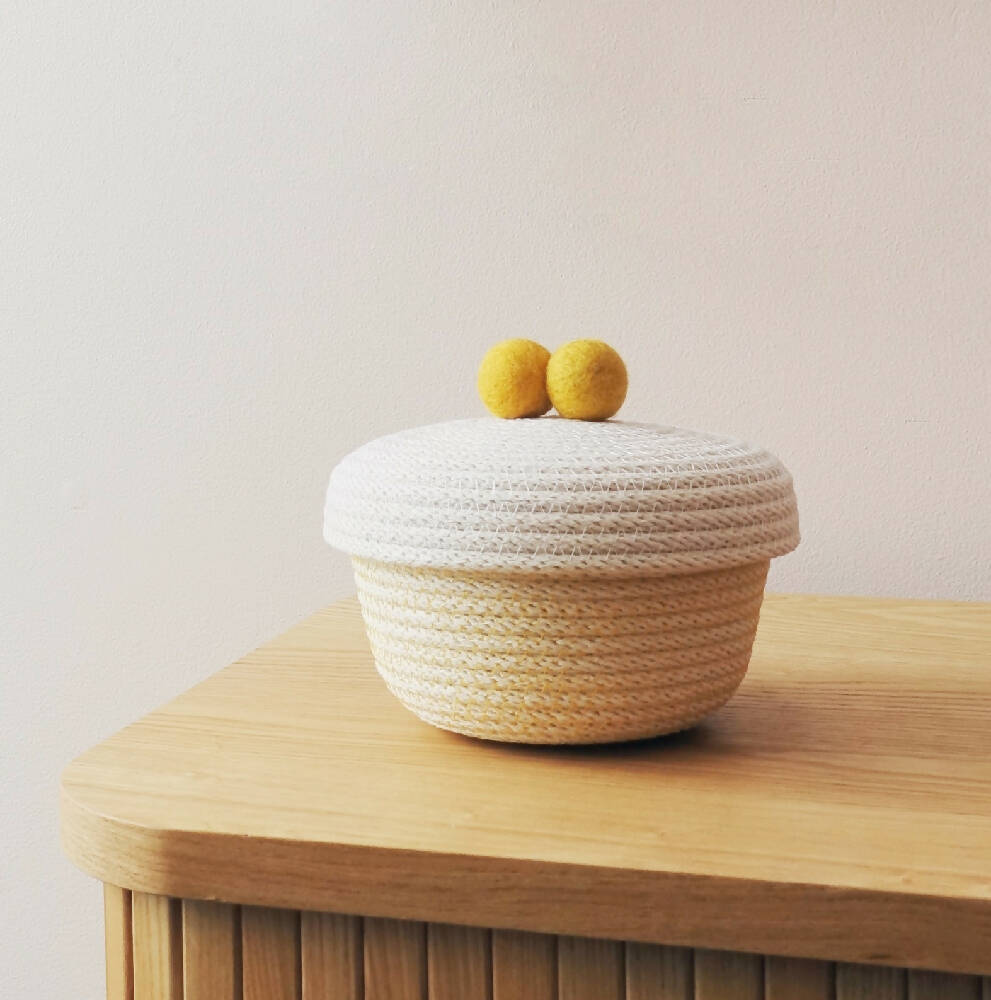 Mustard yellow felt handle 'acorn' lidded bowl
