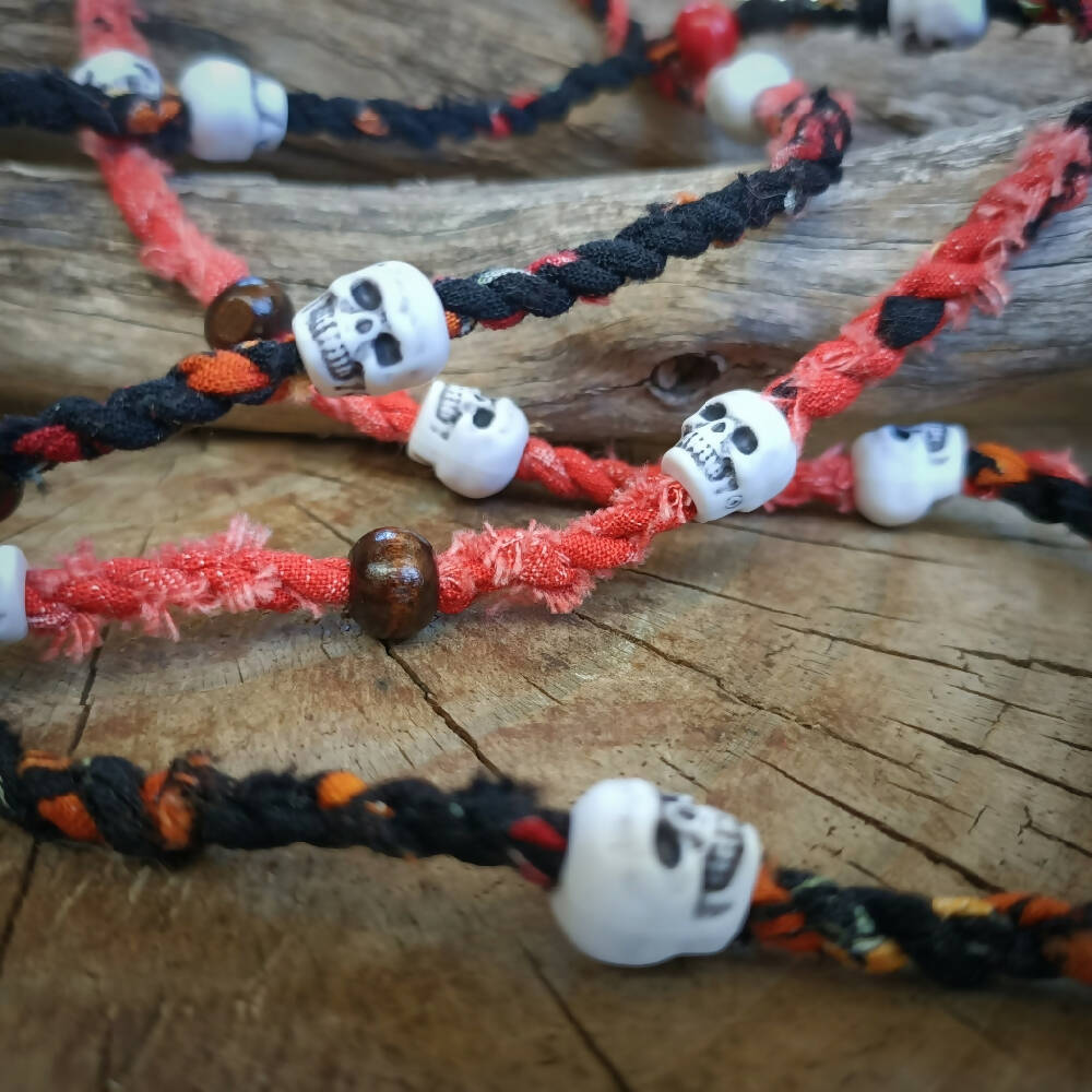 fabric necklace skulls up close handmade -