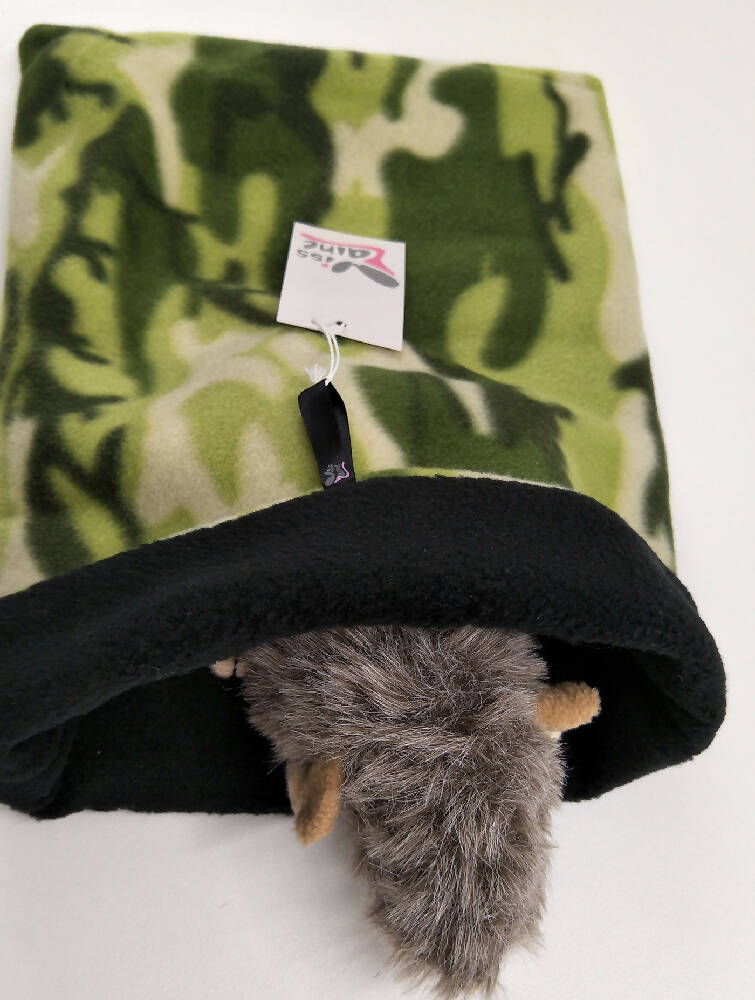 green camouflage pet snuggle bag or bed
