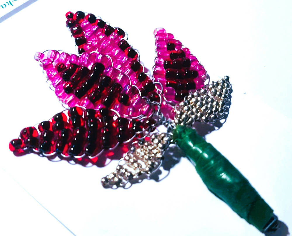 Brooch shawl hat pin. French beaded Pink, red and silver beads.