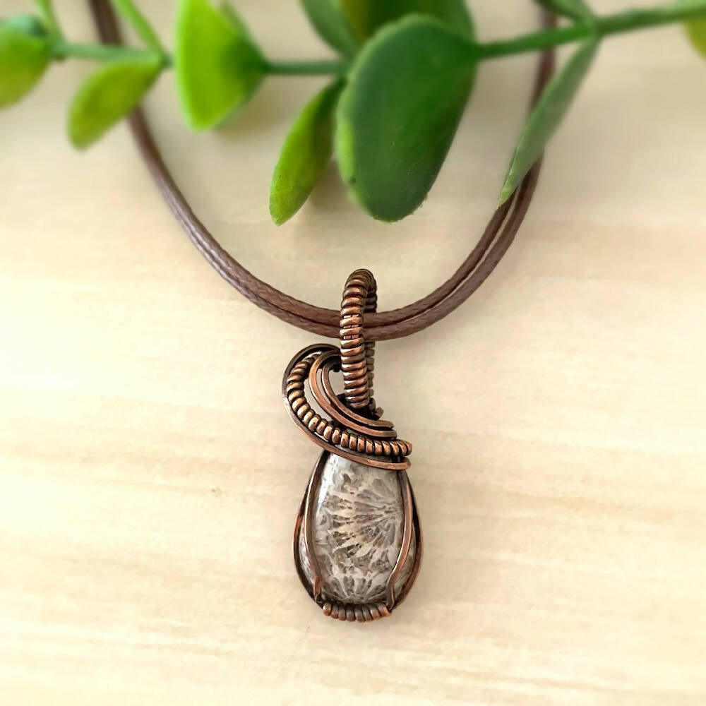 40x15mm Wire-Wrapped Fossilised Coral Pendant