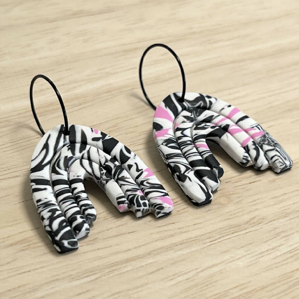 zebra-print-arch-polymer-clay-dangle-hoop-earring
