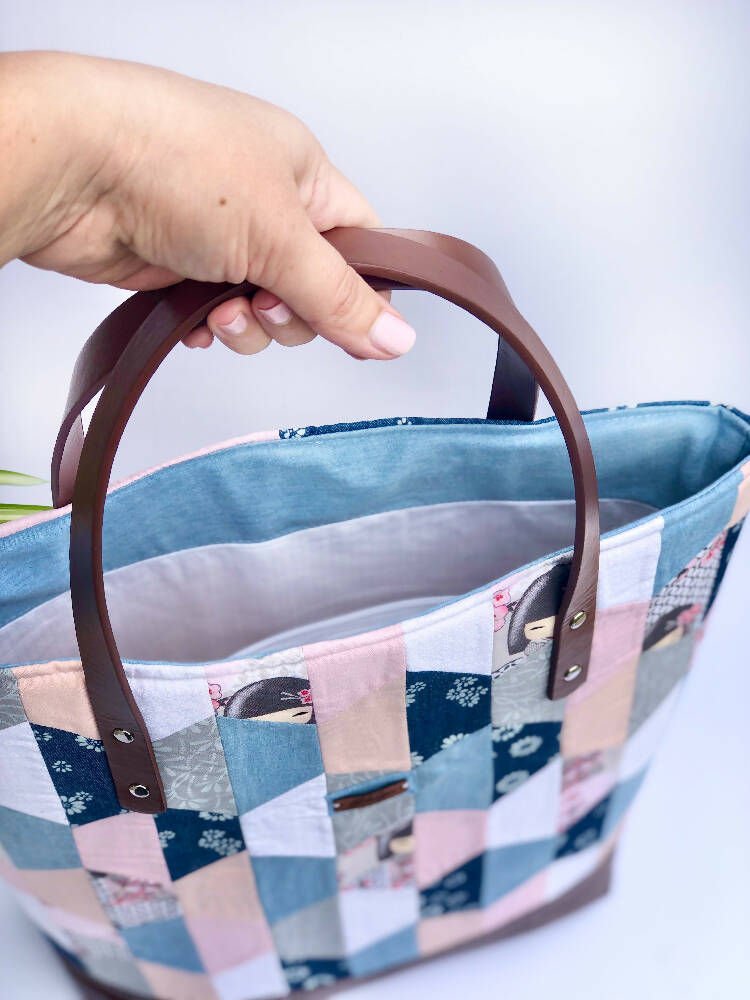 Patchwork Tote Bag with Vegan Leather Base and Handles