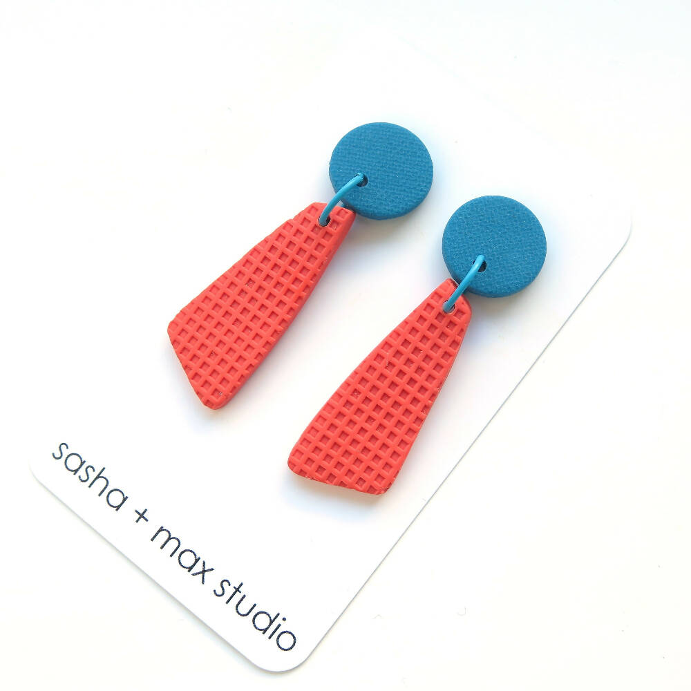 Embossed Colour Block Coral and Blue Drop Earrings