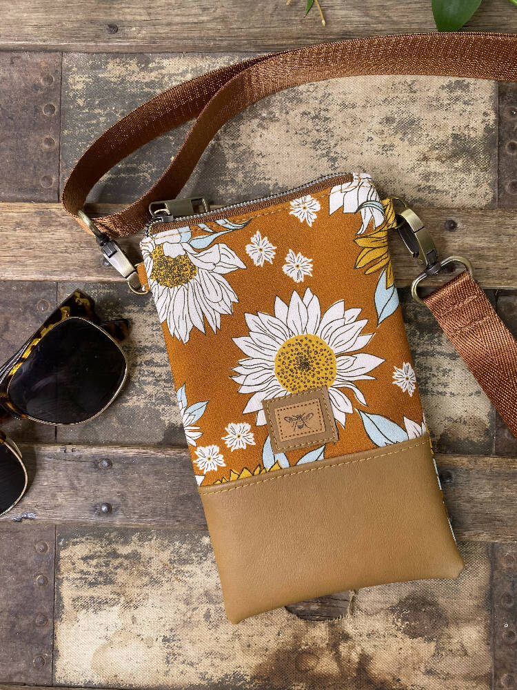 Mini & Small Crossbody Bag - Sunflowers on Mustard/Tan Faux Leather