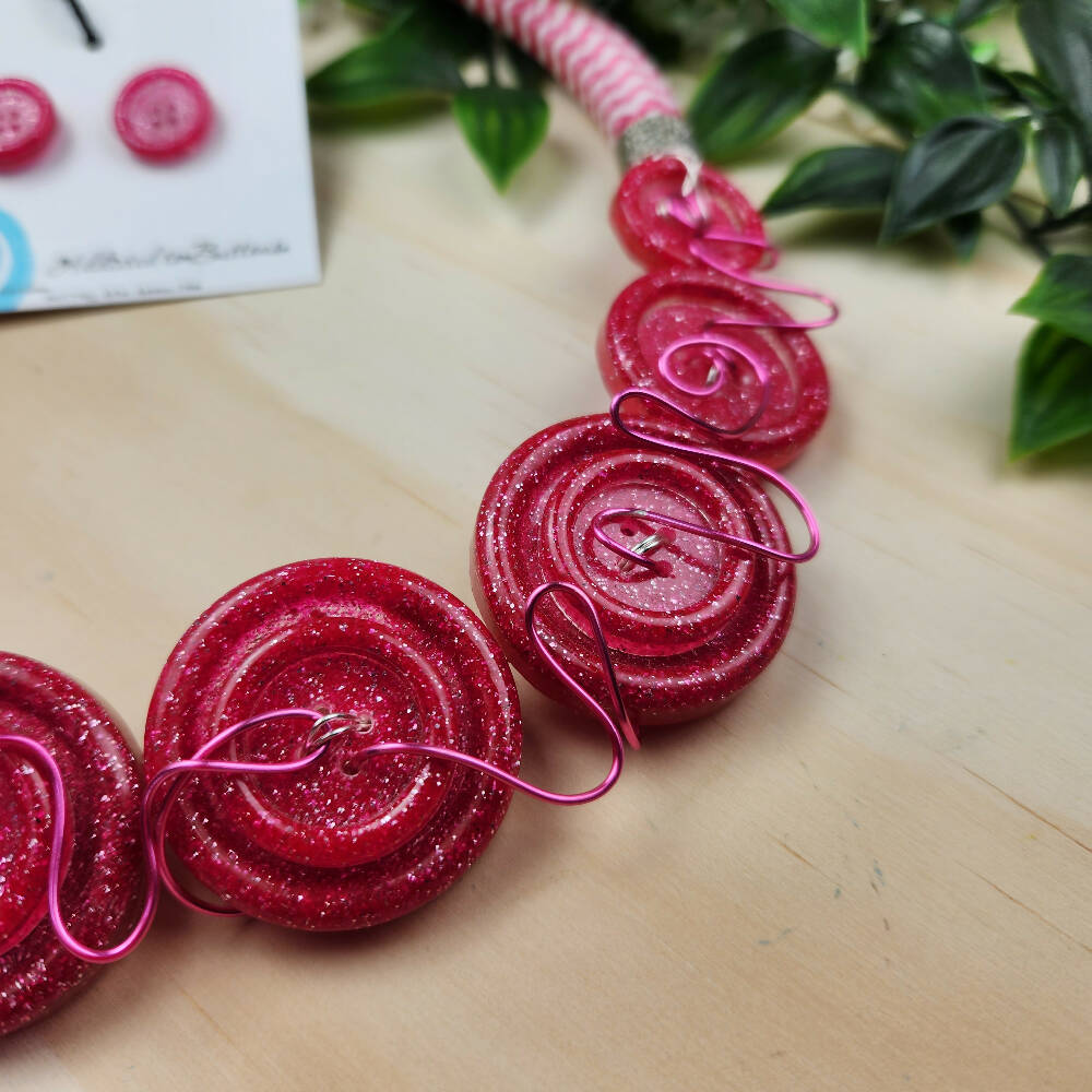 Button Necklace - Cord - Pink Sparkle - A2B -  (5)