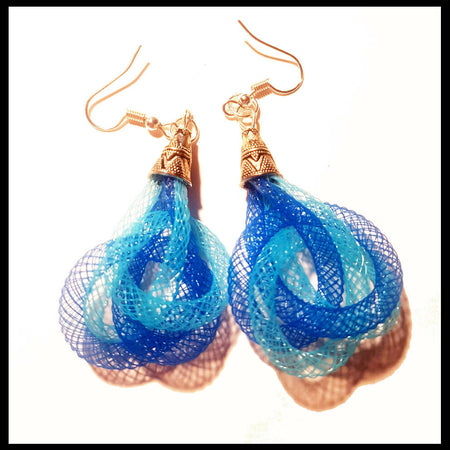 Celtic nylon mesh dangle earrings, two tone blue