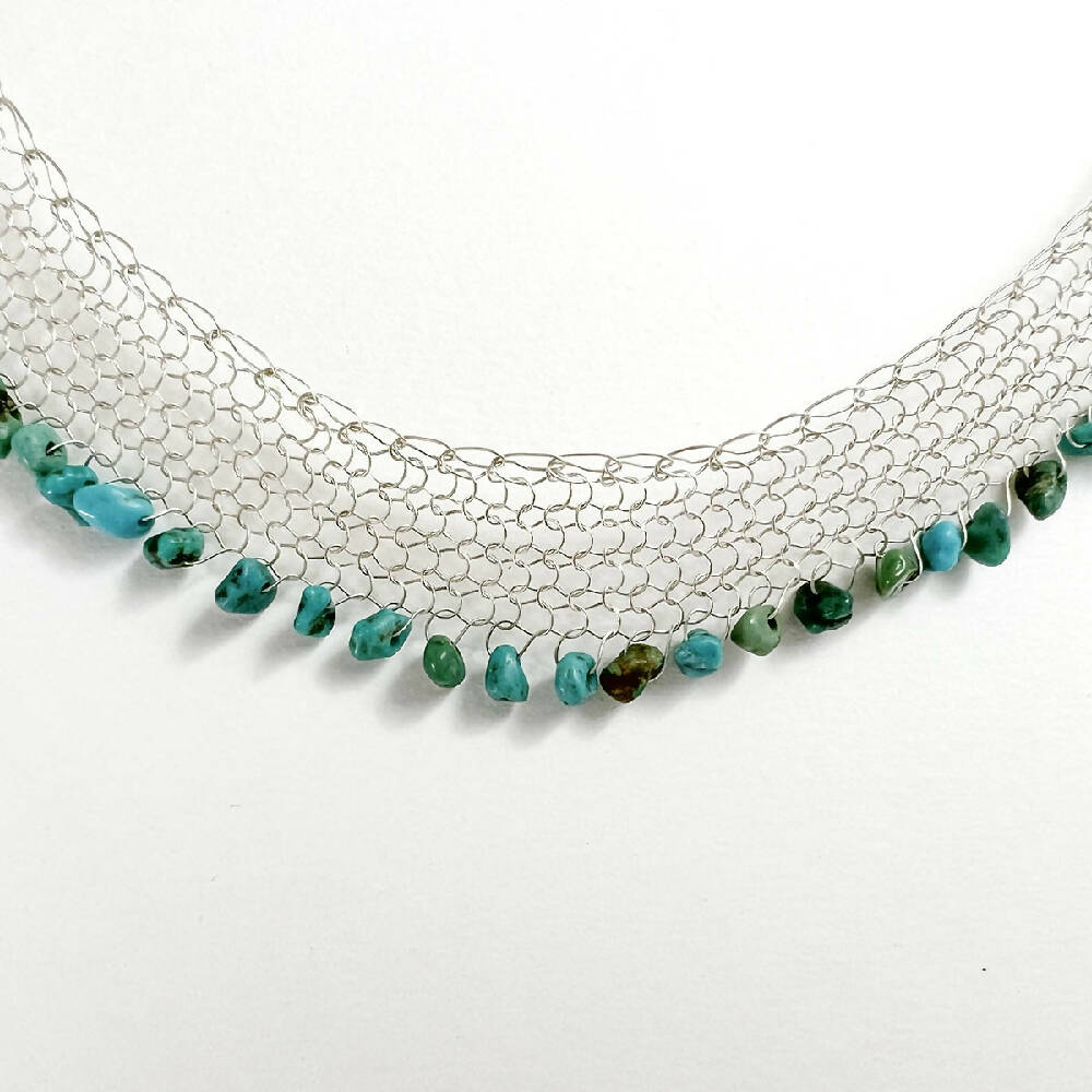 Knitted fine silver & turquoise necklace detail