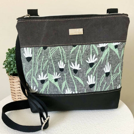 Grey Canvas and Genuine Leather Crossbody Bag with Cone Flower