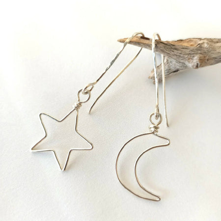 Moon and Star Sterling Silver Dangle Earrings