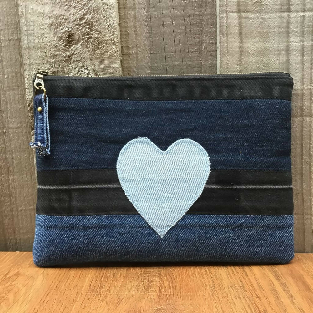 Upcycled Denim Pencil Case - Blue Heart