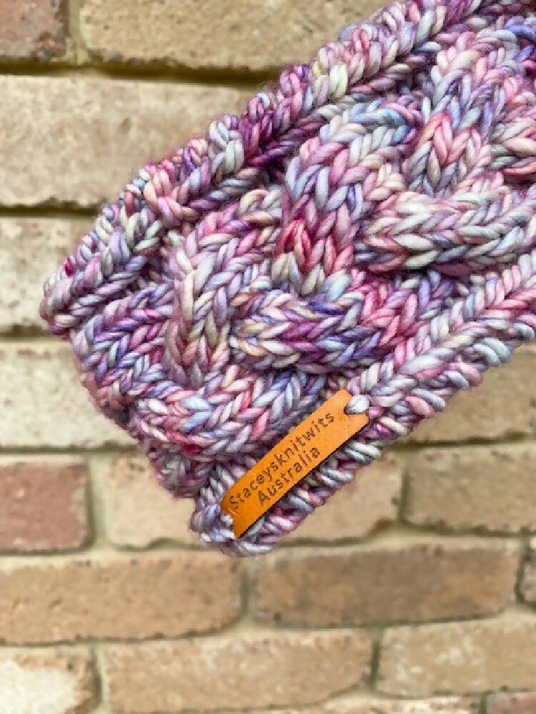 Hand Knitted Headband, Rainbow Pink Headband