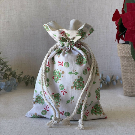 Christmas Reusable Fabric Gift Bag - Vintage Trees and Baubles