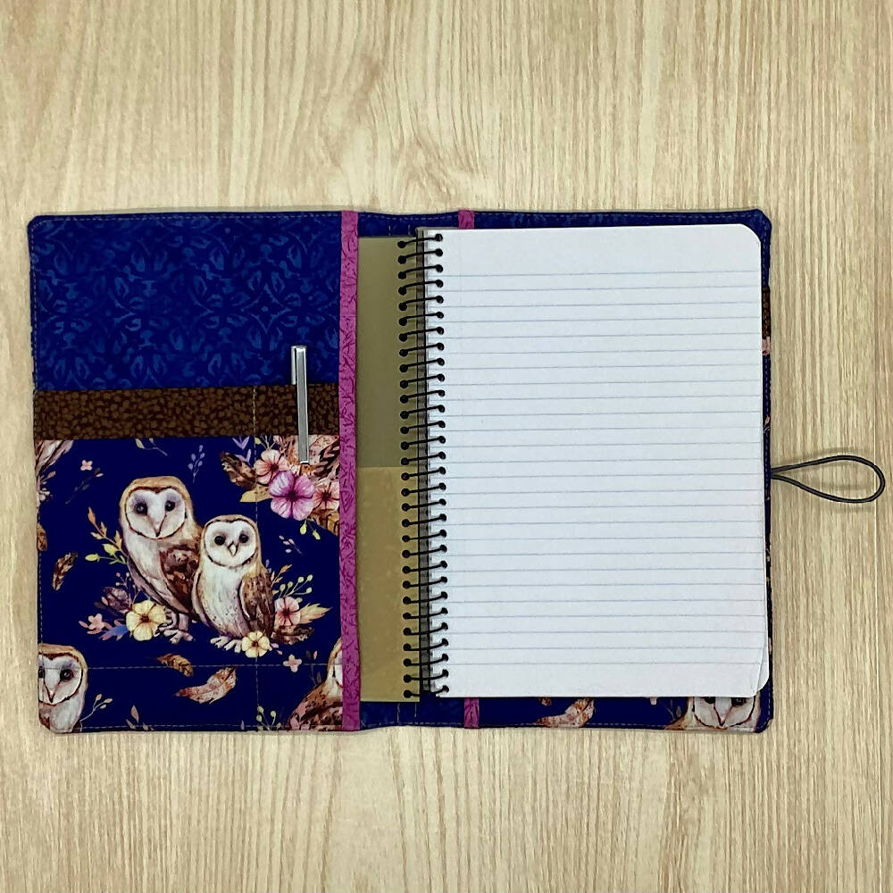 Owls refillable A5 fabric notebook cover with bonus book and pen.
