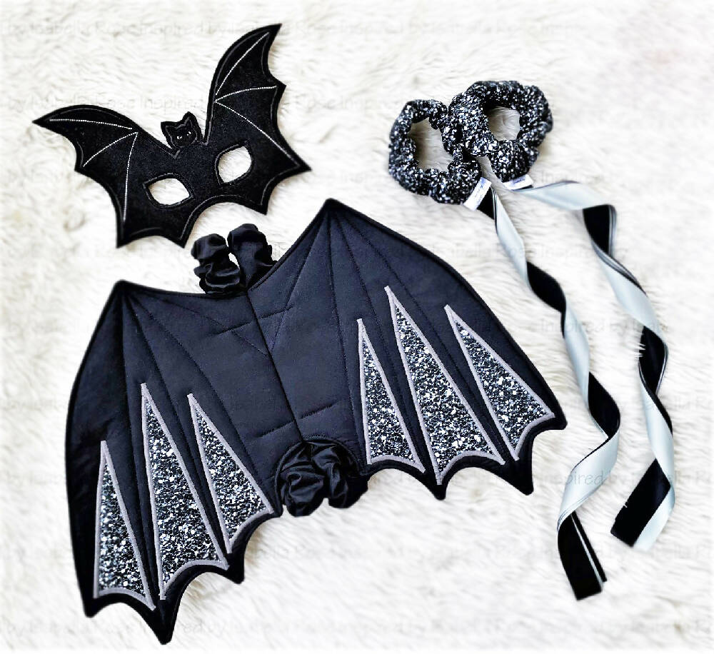Appliquedwings-fabricwings-halloween-batparty-dressingup-custommade-embroideredmask-dancingribbons-themedparty-partywear