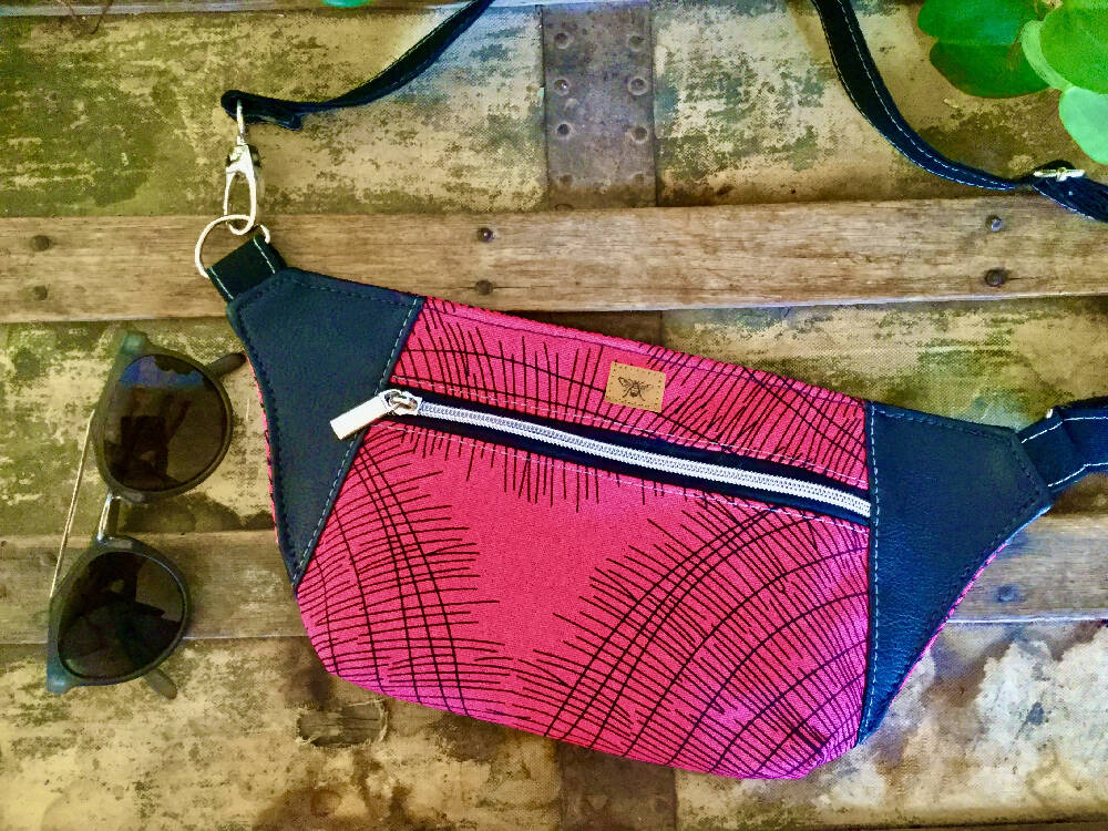 Bum/Waist/Hip Bag - Pink Contemporary Design/ Black Faux Leather