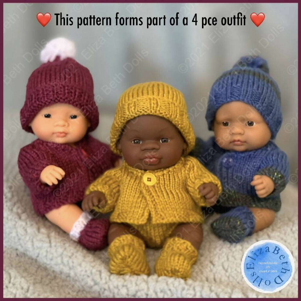 Miniland 21cm clothes, PDF digital pattern, Underpants, Knickers, Undies, Boy, Girl, Unisex, Easy quick knit, Straight needles, Flat knit, Baby doll clothes, Cute outfit, Doll accessories, Minikane, 8inch, Clear instructions, Photos, 8ply DK yarn, Beginner friendly, Basic knitting, Simple pattern, Eliza Beth Dolls, Australia, 6