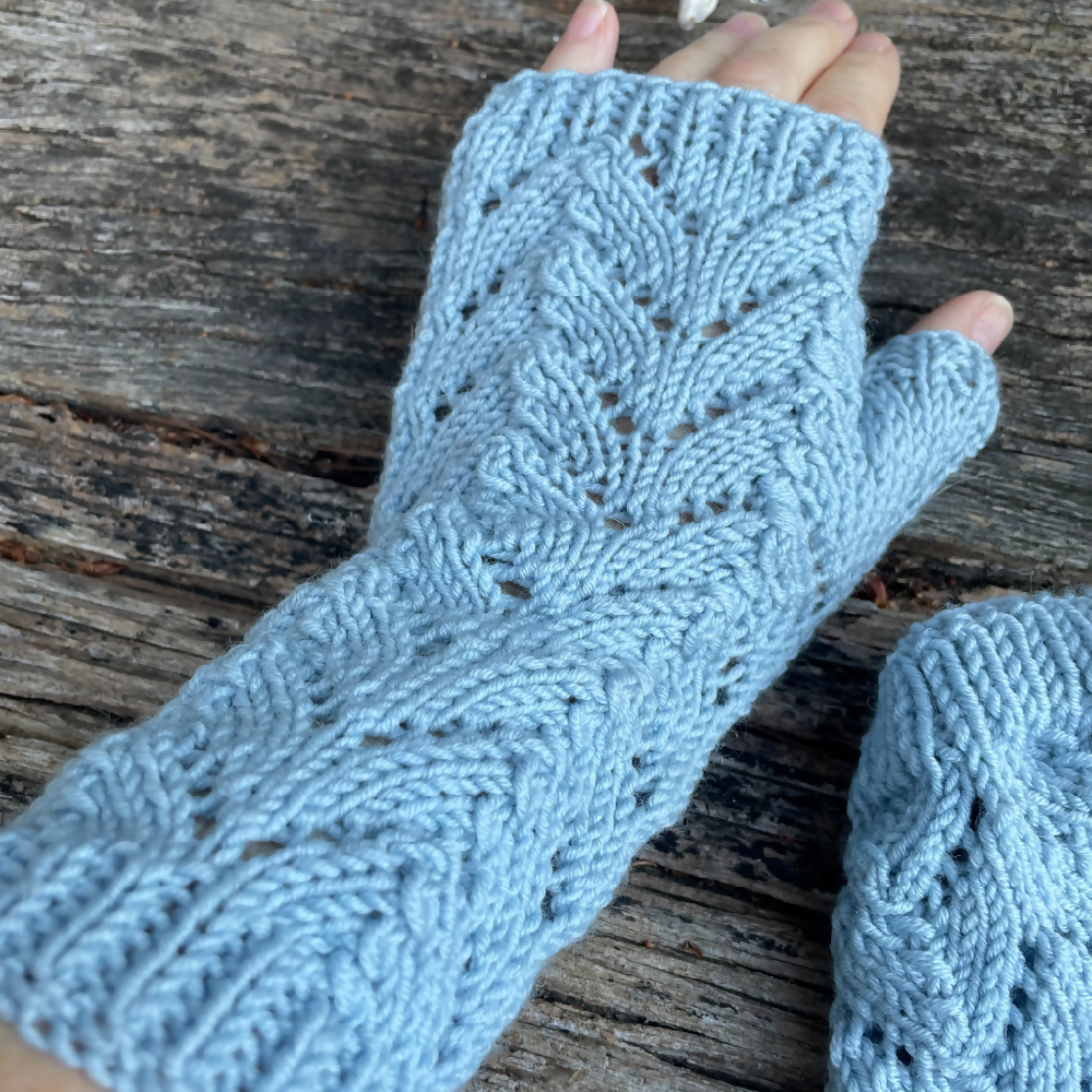Blue Fingerless Merino Gloves, handmade