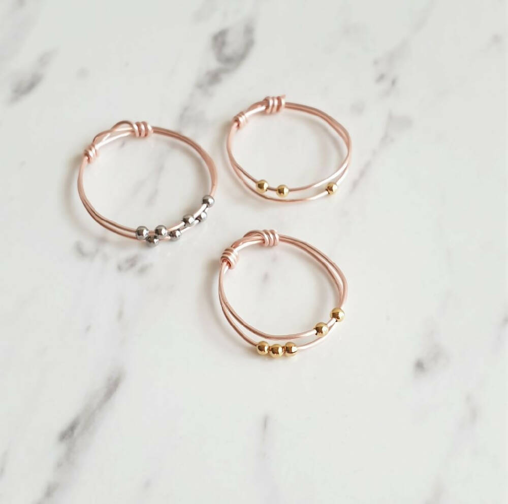 Anxiety 2 line Tiny metal beads Rose gold wire ring , NOT Adjustable