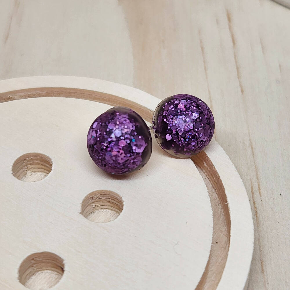 Bubble STUD Earrings - Tiny - Glitter Resin - Red & Purple