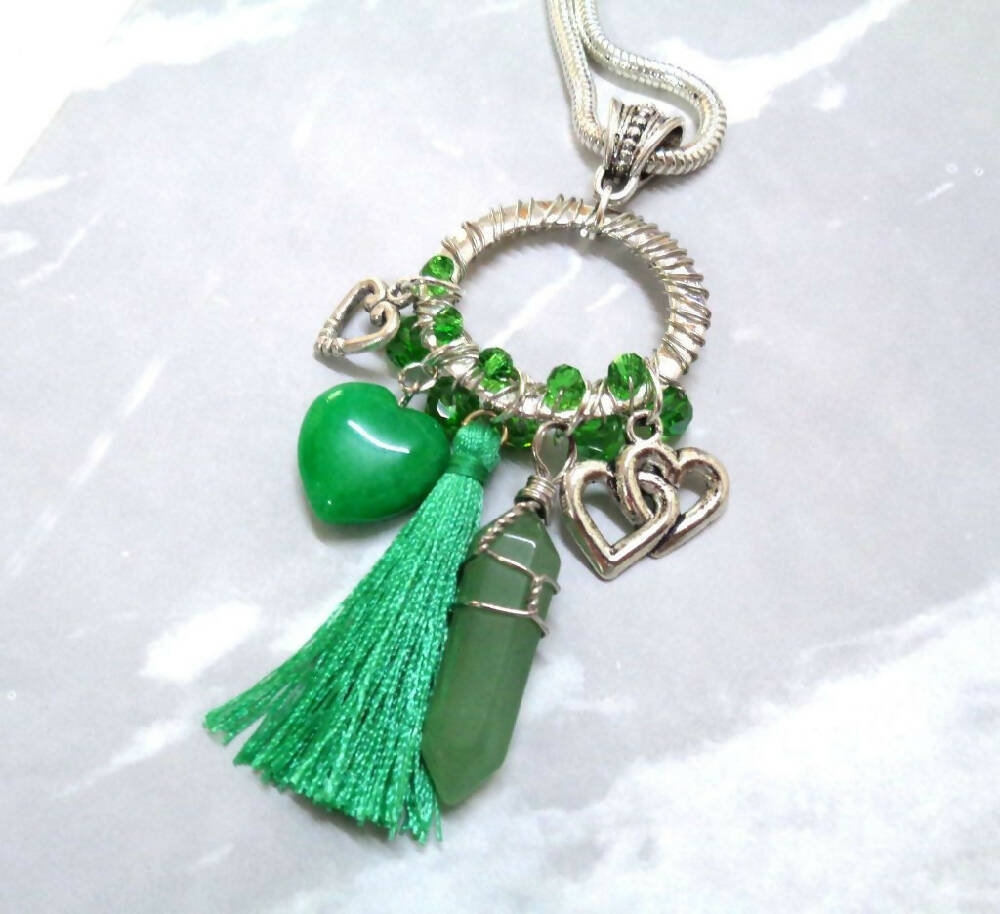 Boho Wire Wrapped Necklace - Green and Silver - Ladies Jewellery