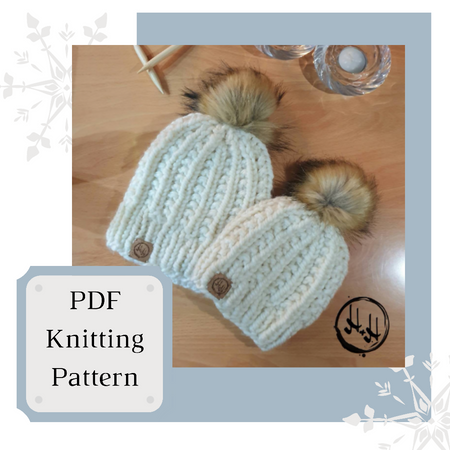 EASY KNITTING PATTERN, Chunky Beginner Knit, Mum & Me Beanie Hat Pattern Set, Quick Knit, Hat Pattern in 3 Sizes