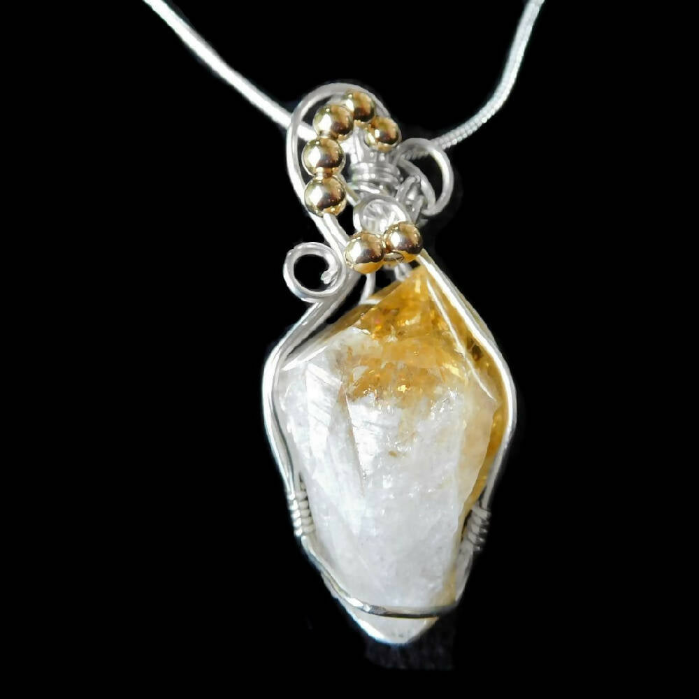 Citrine point pendant, Sterling silver wire wrapped, 14k gold filled beads