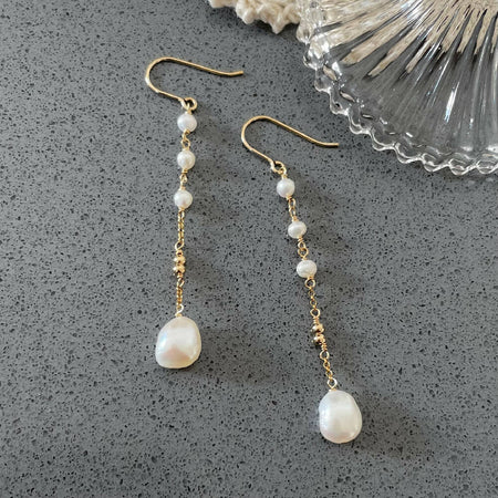 14K Gold filled long freshwater pearl earrings