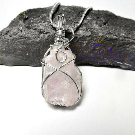 Raw Pink Kunzite crystal pendant Sterling wire wrapped