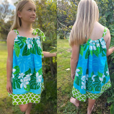 Girls Summer Dress | Aqua & Green Tropical Print | Size 8