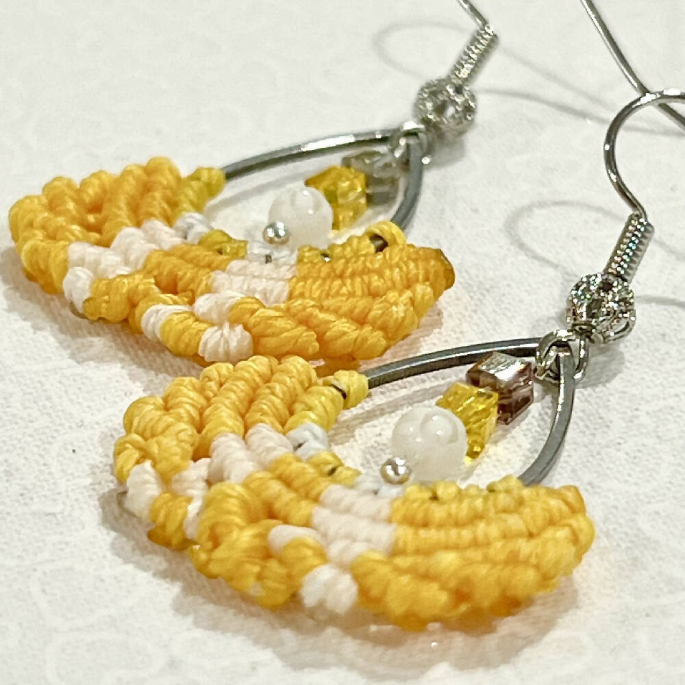 Yellow & White Micro Macrame Earrings, Silver Plated hooks + Free microfiber pouch